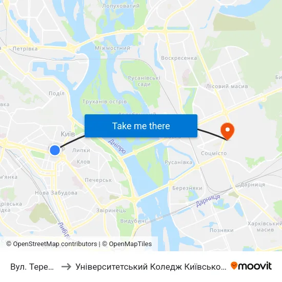 Вул. Терещенківська to Університетський Коледж Київського Університету Ім. Б. Грінченка map