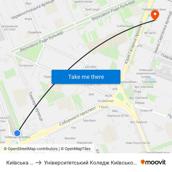 Київська Русанівка to Університетський Коледж Київського Університету Ім. Б. Грінченка map