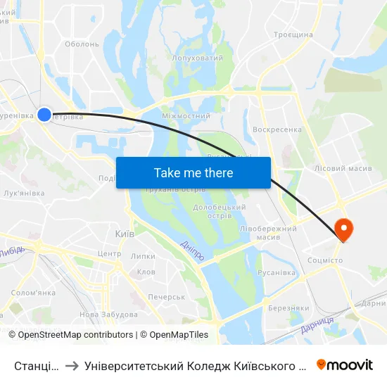 Станція Зеніт to Університетський Коледж Київського Університету Ім. Б. Грінченка map