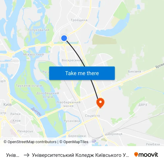 Універсам to Університетський Коледж Київського Університету Ім. Б. Грінченка map