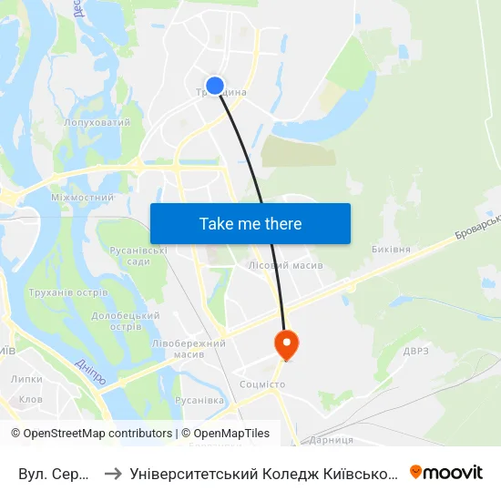 Вул. Сержа Лифаря to Університетський Коледж Київського Університету Ім. Б. Грінченка map