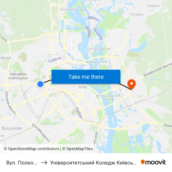 Вул. Полковника Шутова to Університетський Коледж Київського Університету Ім. Б. Грінченка map