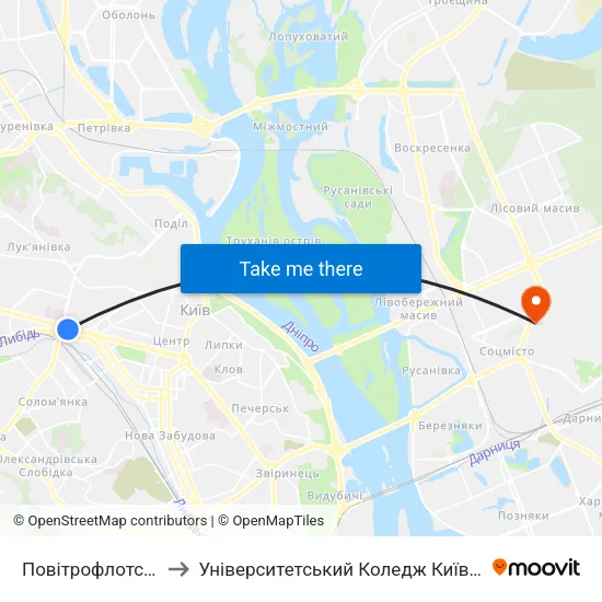 Повітрофлотський Шляхопровід to Університетський Коледж Київського Університету Ім. Б. Грінченка map