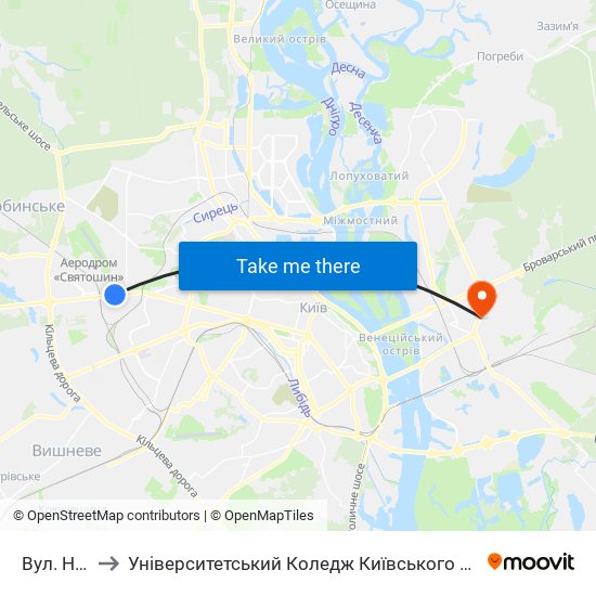 Вул. Нивська to Університетський Коледж Київського Університету Ім. Б. Грінченка map