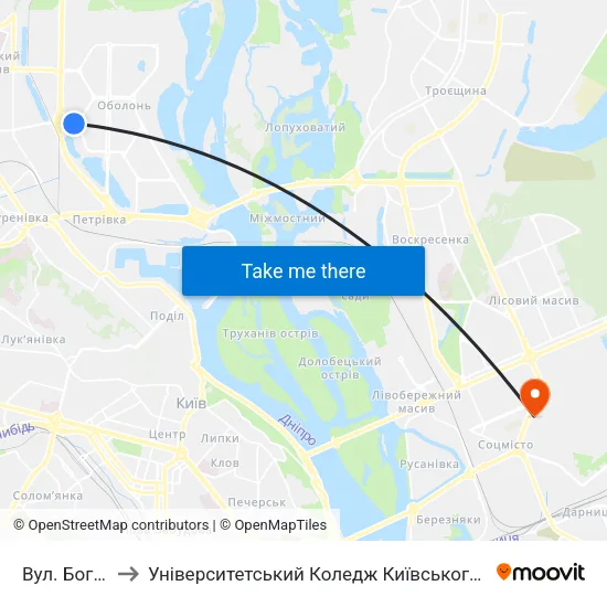 Вул. Богатирська to Університетський Коледж Київського Університету Ім. Б. Грінченка map