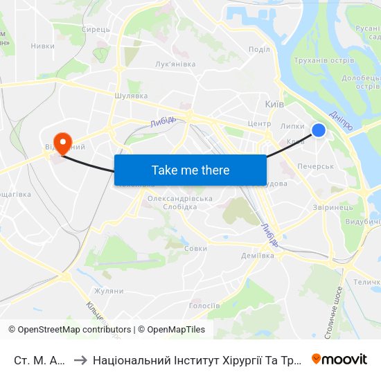 Ст. М. Арсенальна to Національний Інститут Хірургії Та Трансплантології Імені О.О. Шалімова map