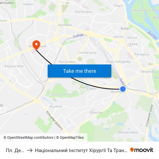 Пл. Деміївська to Національний Інститут Хірургії Та Трансплантології Імені О.О. Шалімова map