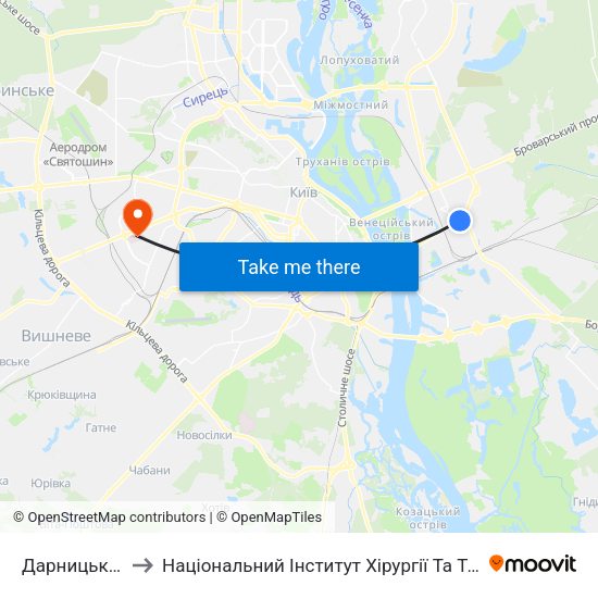 Дарницький Універмаг to Національний Інститут Хірургії Та Трансплантології Імені О.О. Шалімова map