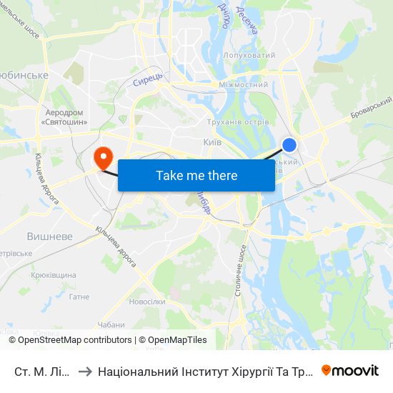Ст. М. Лівобережна to Національний Інститут Хірургії Та Трансплантології Імені О.О. Шалімова map