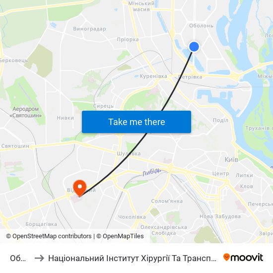 Оболонь to Національний Інститут Хірургії Та Трансплантології Імені О.О. Шалімова map