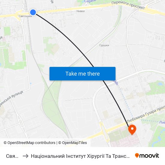 Святошин to Національний Інститут Хірургії Та Трансплантології Імені О.О. Шалімова map