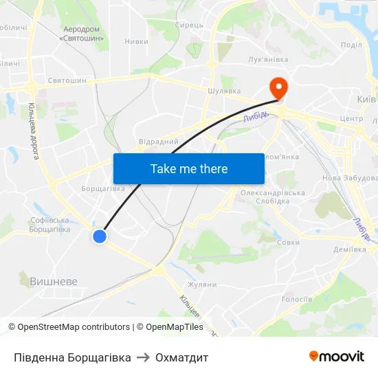 Південна Борщагівка to Охматдит map