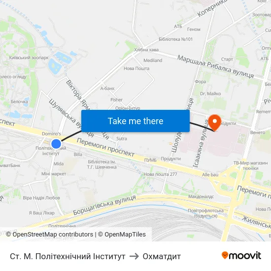 Ст. М. Політехнічний Інститут to Охматдит map