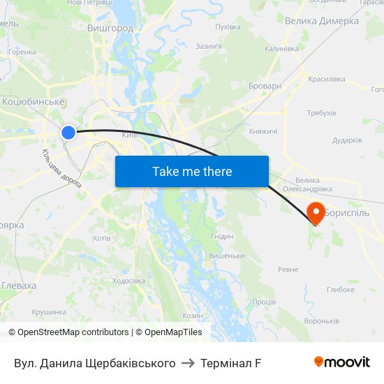 Вул. Данила Щербаківського to Термінал F map