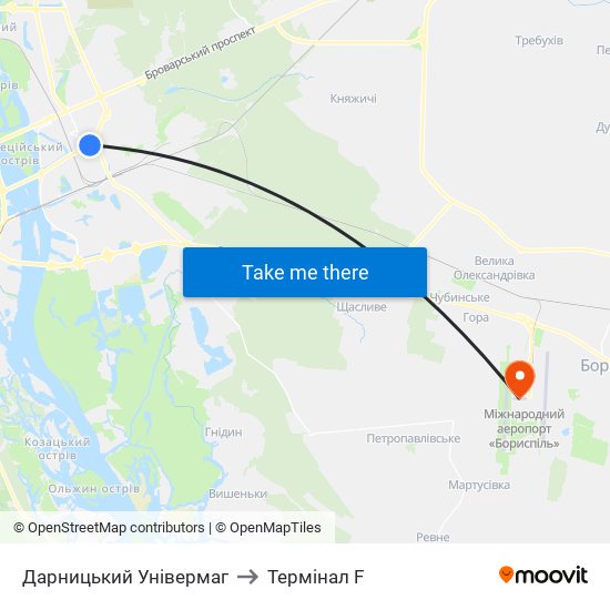 Дарницький Універмаг to Термінал F map