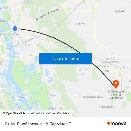 Ст. М. Лівобережна to Термінал F map