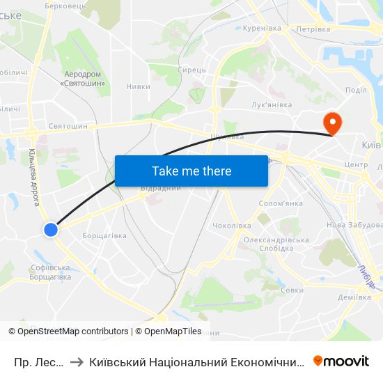 Пр. Леся Курбаса to Київський Національний Економічний Університет Імені Вадима Гетьмана map