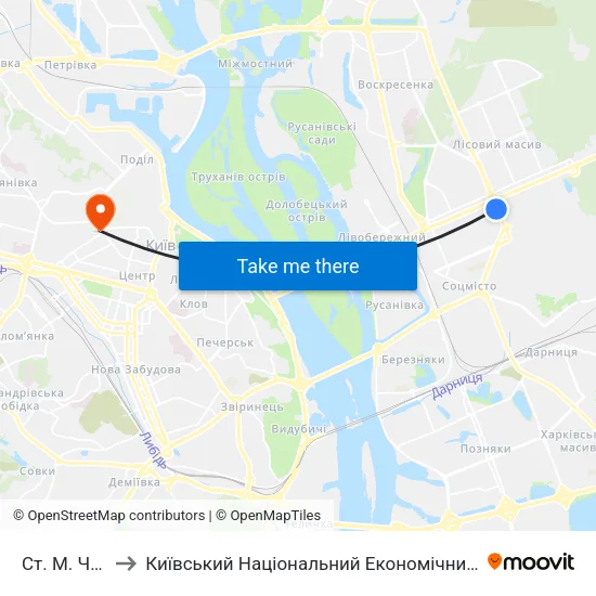 Ст. М. Чернігівська to Київський Національний Економічний Університет Імені Вадима Гетьмана map