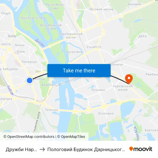 Дружби Народів to Пологовий Будинок Дарницького Району map
