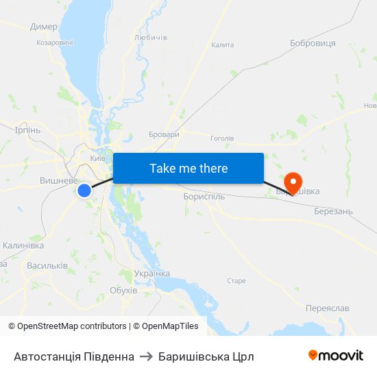 Автостанція Південна to Баришівська Црл map