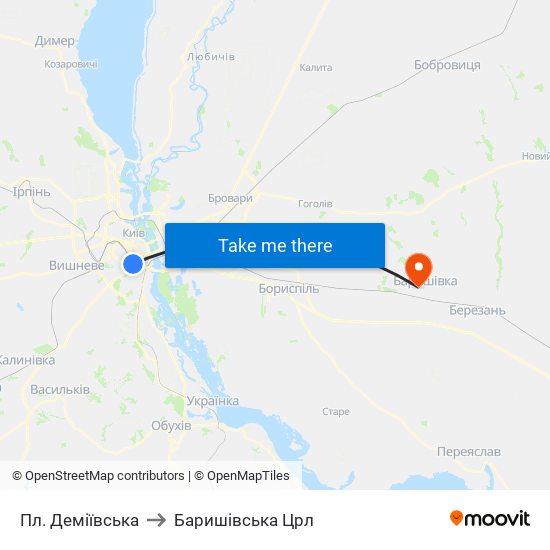 Пл. Деміївська to Баришівська Црл map