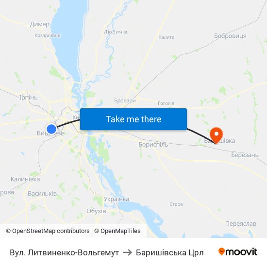 Вул. Литвиненко-Вольгемут to Баришівська Црл map