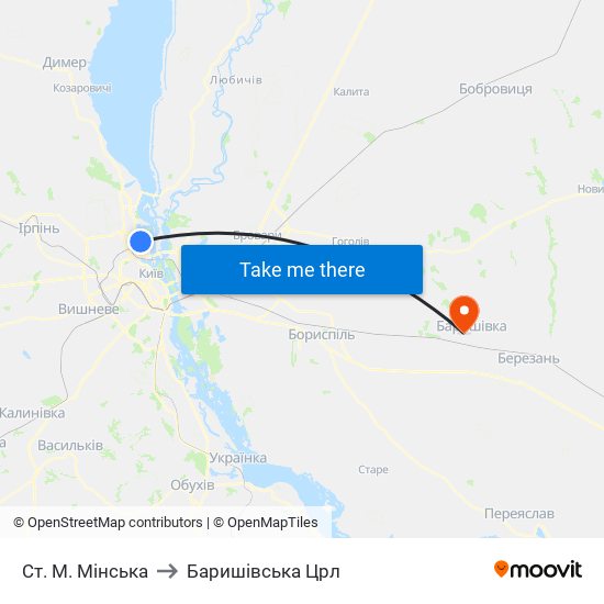 Ст. М. Мінська to Баришівська Црл map