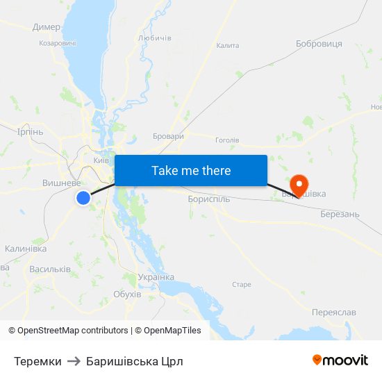 Теремки to Баришівська Црл map