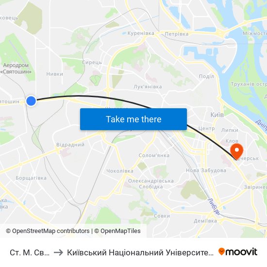 Ст. М. Святошин to Київський Національний Університет Технологій Та Дизайну map