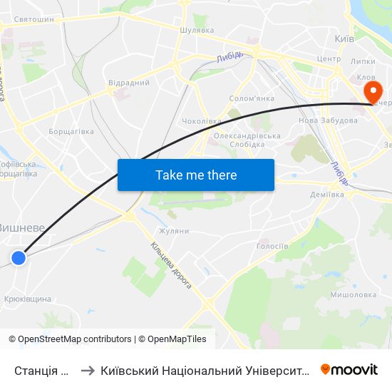 Станція Вишневе to Київський Національний Університет Технологій Та Дизайну map