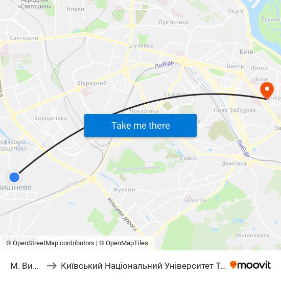М. Вишневе to Київський Національний Університет Технологій Та Дизайну map