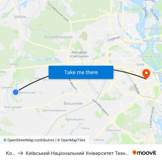 Корчі to Київський Національний Університет Технологій Та Дизайну map