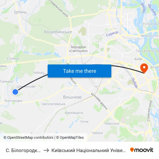 С. Білогородка (Вул. Лісова) to Київський Національний Університет Технологій Та Дизайну map