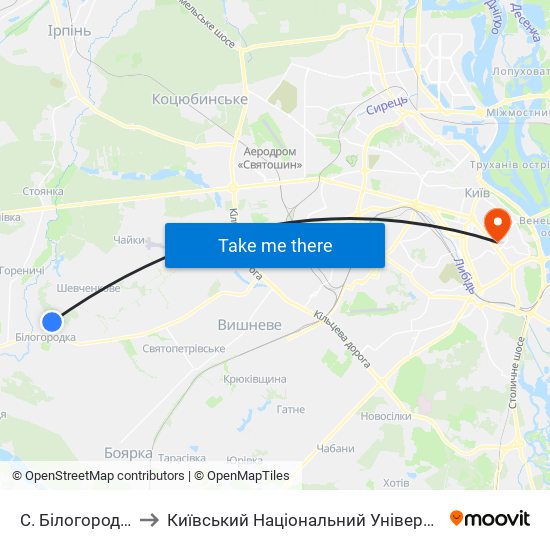 С. Білогородка (Лікарня) to Київський Національний Університет Технологій Та Дизайну map