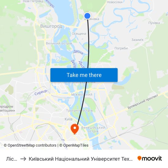 Лісова to Київський Національний Університет Технологій Та Дизайну map