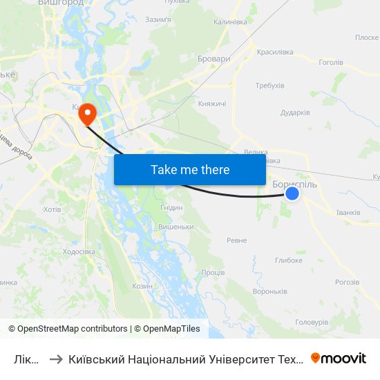 Лікарня to Київський Національний Університет Технологій Та Дизайну map