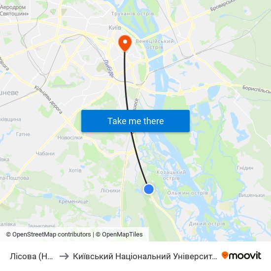 Лісова (На Вимогу) to Київський Національний Університет Технологій Та Дизайну map