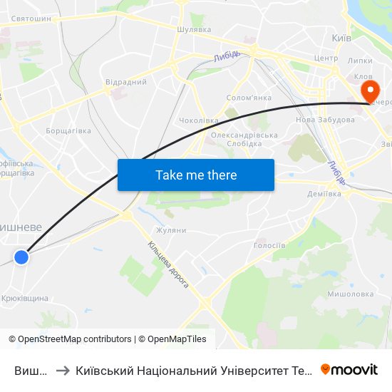 Вишневе to Київський Національний Університет Технологій Та Дизайну map
