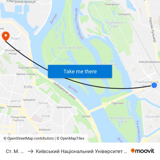 Ст. М. Лівобережна to Київський Національний Університет Театру, Кіно І Телебачення Імені І. К. Карпенка-Карого map