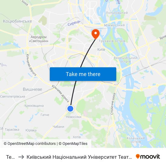 Теремки to Київський Національний Університет Театру, Кіно І Телебачення Імені І. К. Карпенка-Карого map