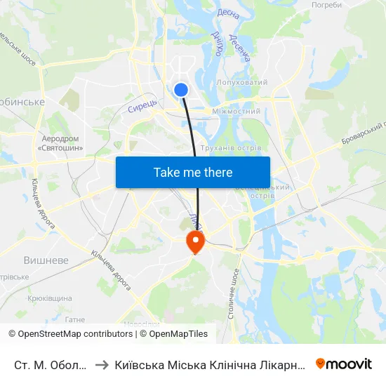 Ст. М. Оболонь to Київська Міська Клінічна Лікарня №10 map