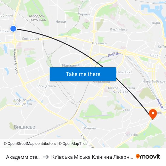 Академмістечко to Київська Міська Клінічна Лікарня №10 map