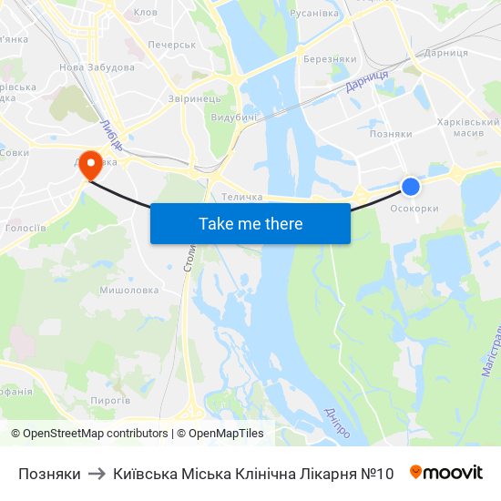 Позняки to Київська Міська Клінічна Лікарня №10 map