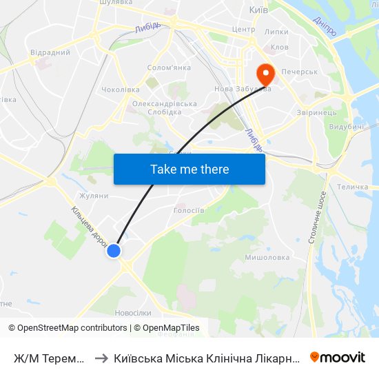 Ж/М Теремки-1 to Київська Міська Клінічна Лікарня № 17 map