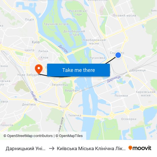 Дарницький Універмаг to Київська Міська Клінічна Лікарня № 17 map