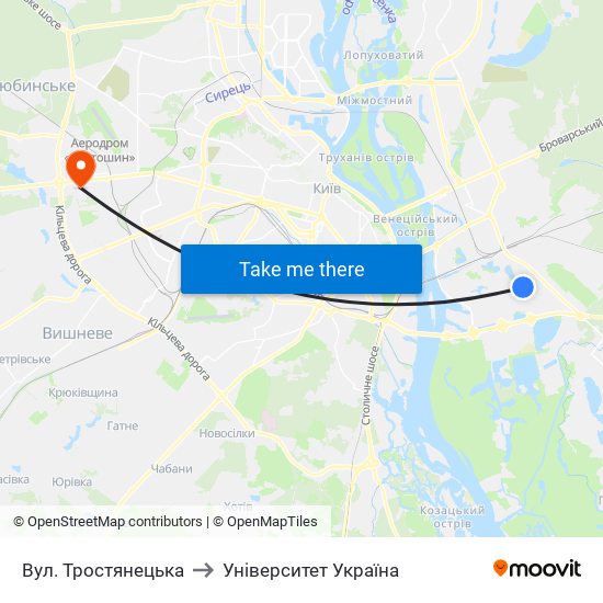 Вул. Тростянецька to Університет Україна map