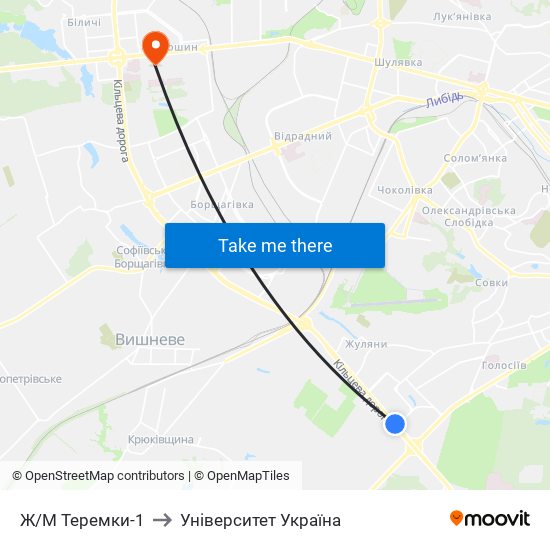 Ж/М Теремки-1 to Університет Україна map