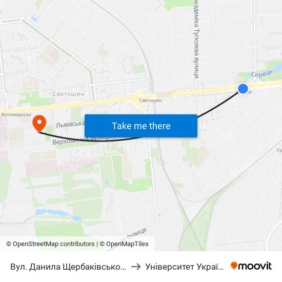 Вул. Данила Щербаківського to Університет Україна map