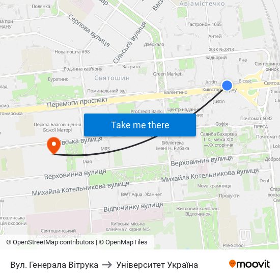 Вул. Генерала Вітрука to Університет Україна map