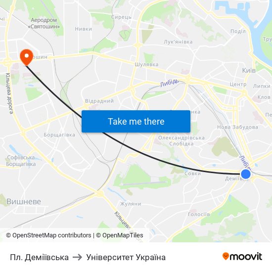 Пл. Деміївська to Університет Україна map